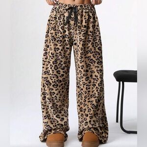 Leopard Print Waist Tie Fluffy Drawstring Loose Pants